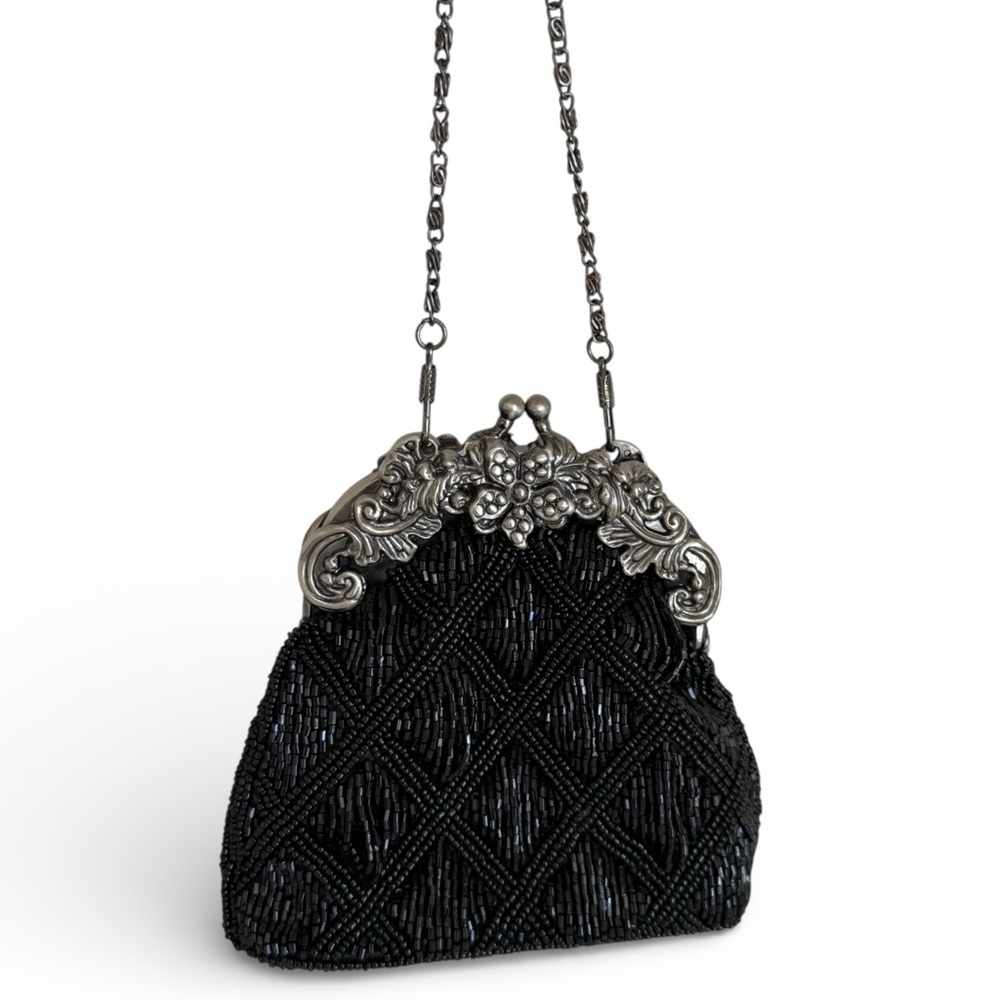 Vintage Black Beaded Evening Bag Ornate Silver Tone Frame Kiss Lock Clutch